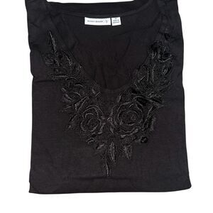 Susan Graver Womens 3X Cotton Stretch Crochet Detail Neckline 3/4 Sleeve Top Bla